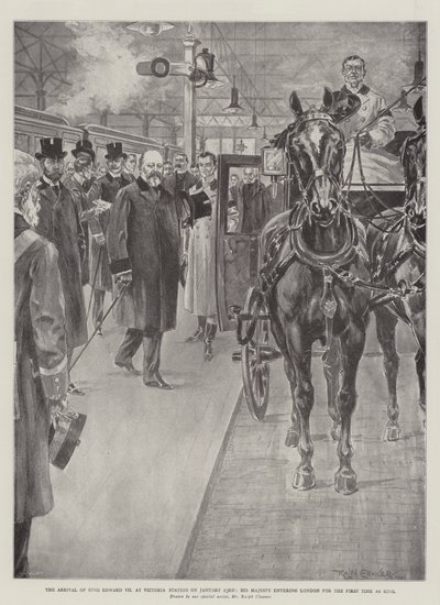 1月23日にビクトリア駅にエドワード7世が到着、陛下が初めて王としてロンドンに入る 作： Ralph Cleaver